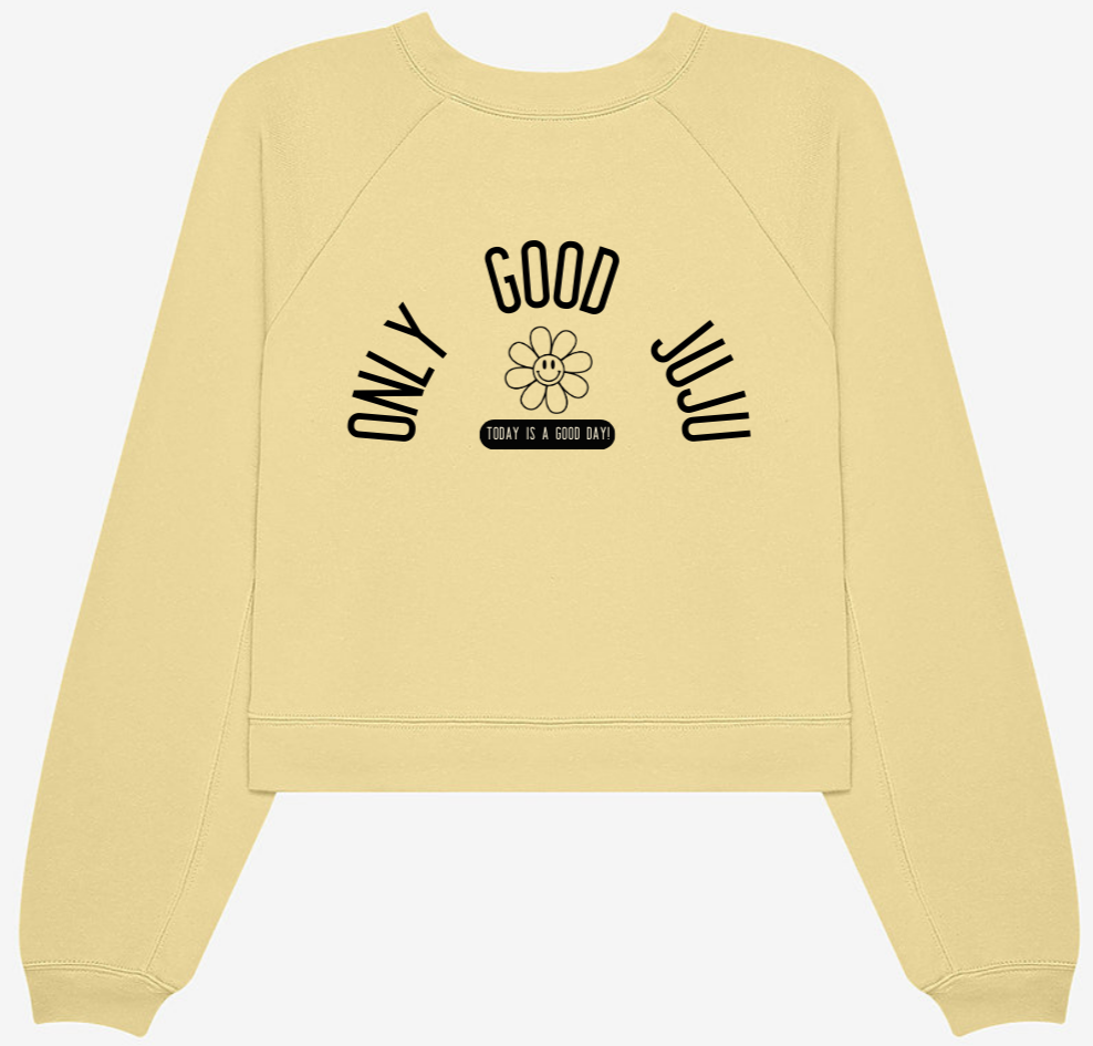 Yellow cropped crewneck sweater with black writing