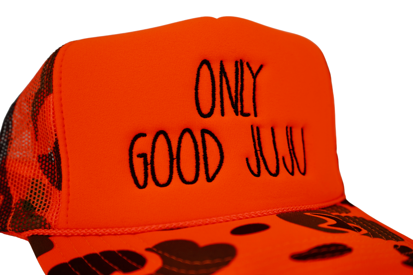 Only Good JuJu Embroidered Trucker Hat -Orange Camo