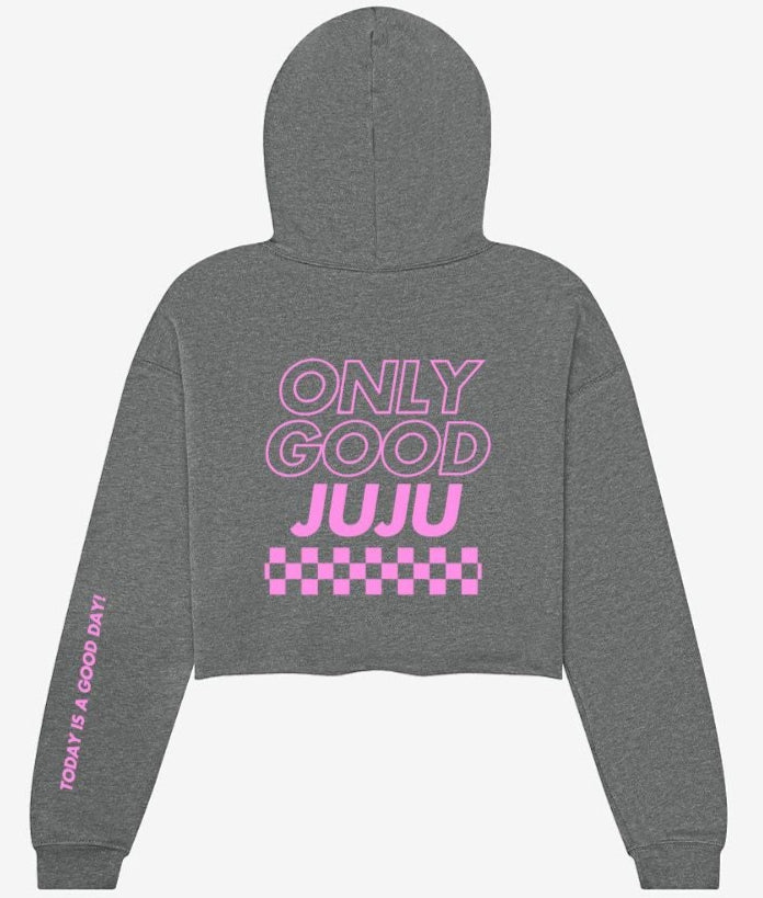 Cropped Fleece Hoodie Checkered Outline  BackPink and Grey