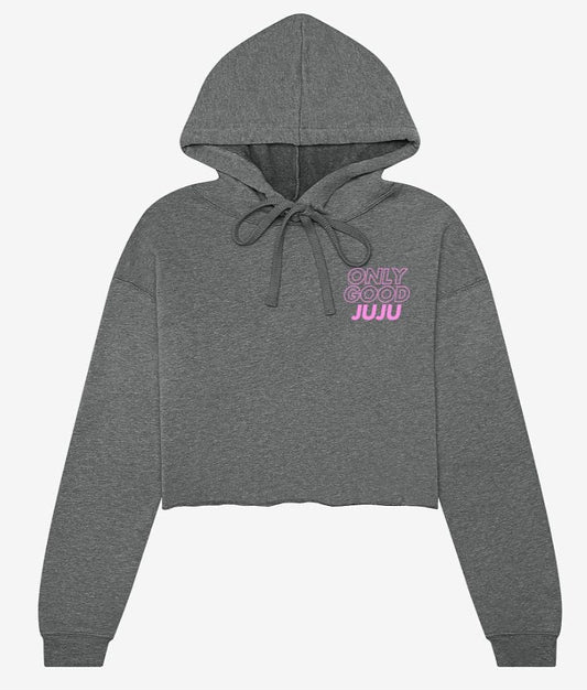 Cropped Fleece Hoodie Checkered Outline Pink and Grey