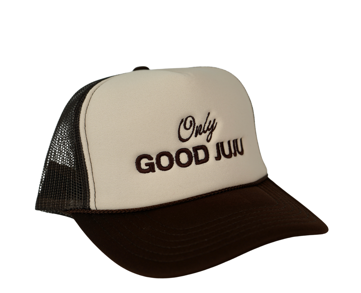 Only Good JuJu Embroidered Trucker Hat - Brown/Tan