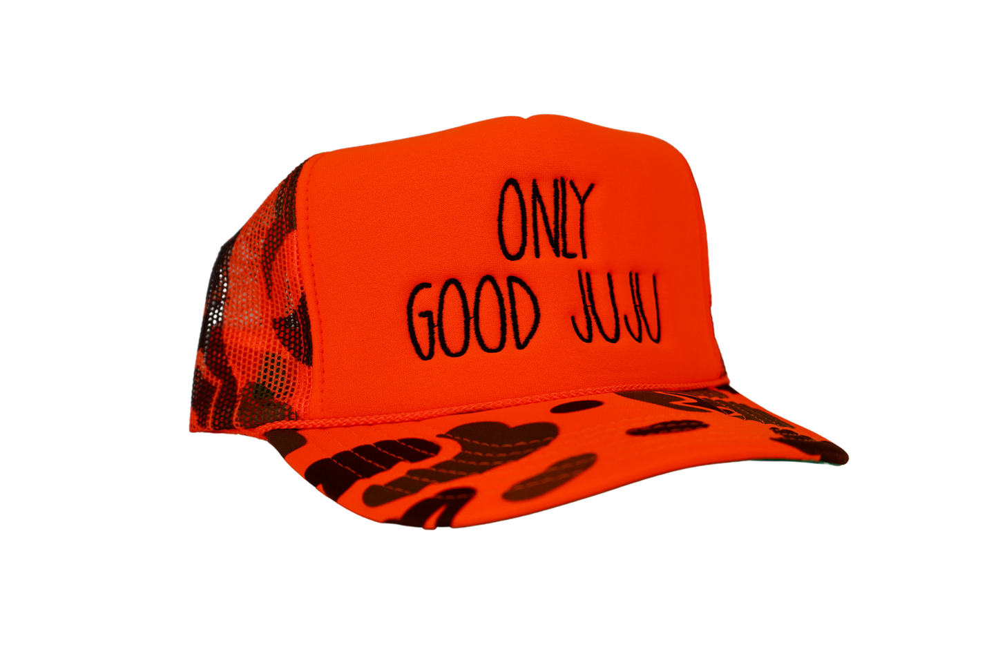 Only Good JuJu Embroidered Trucker Hat -Orange Camo